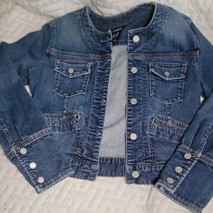 GAP Stretch Denim Jean Jacket Womens Sz S Collarless Mandrin Collar